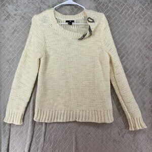 H&M Womens Large Sweater Cream White Thick Knit Wool Blend Beaded Neckline